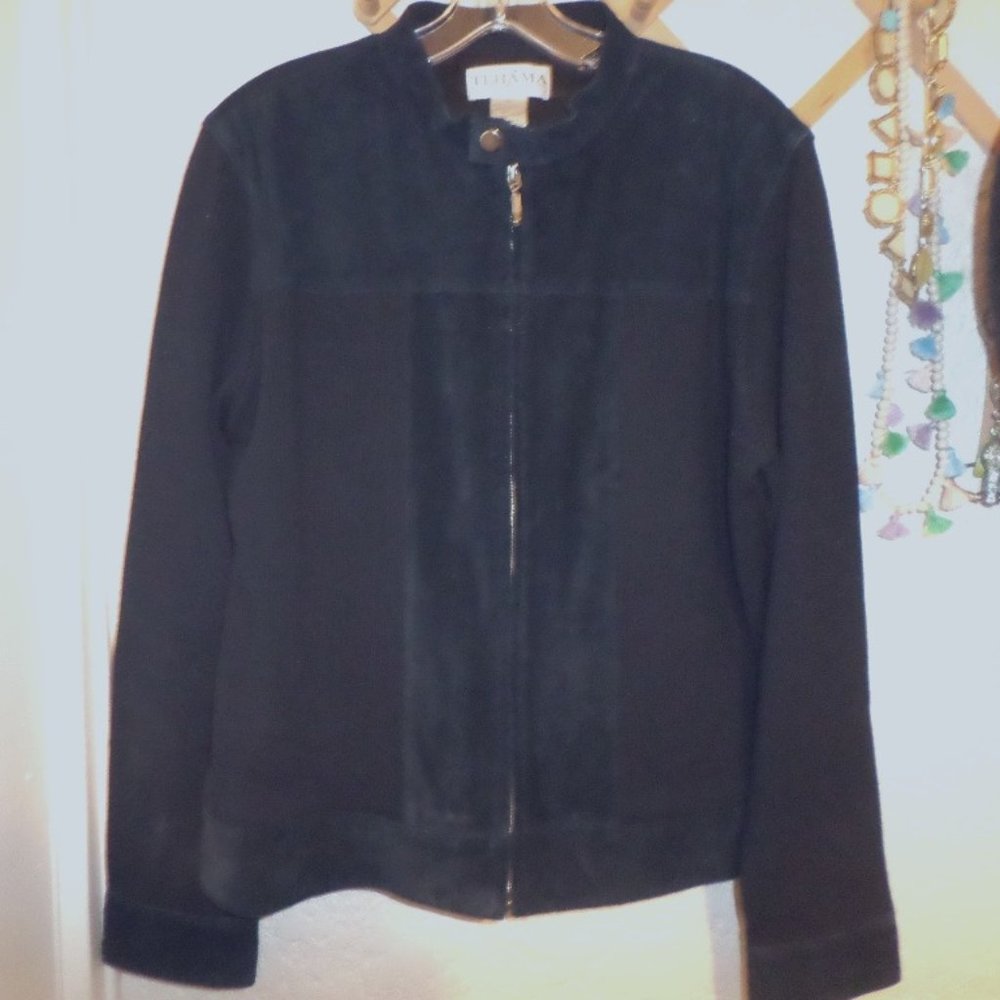 Tehama Nancy Haley Rib Knit & Suede Zip Up Women's Jacket Sz XL